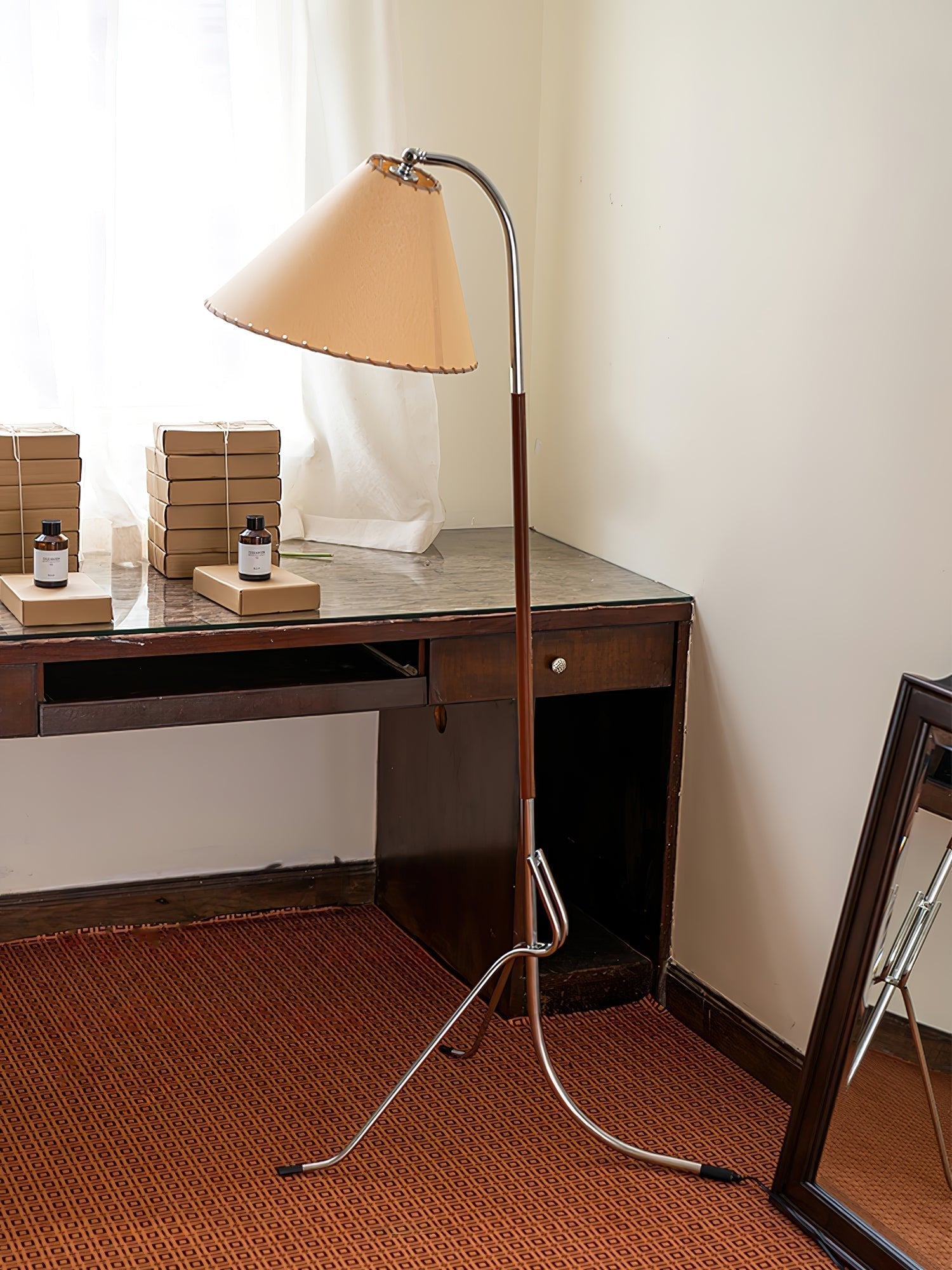 Modern Tripod Arc Floor Lamp with Walnut Wood Base and Fabric Conical Shade for Living Room