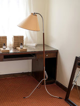 Modern Tripod Arc Floor Lamp with Walnut Wood Base and Fabric Conical Shade for Living Room