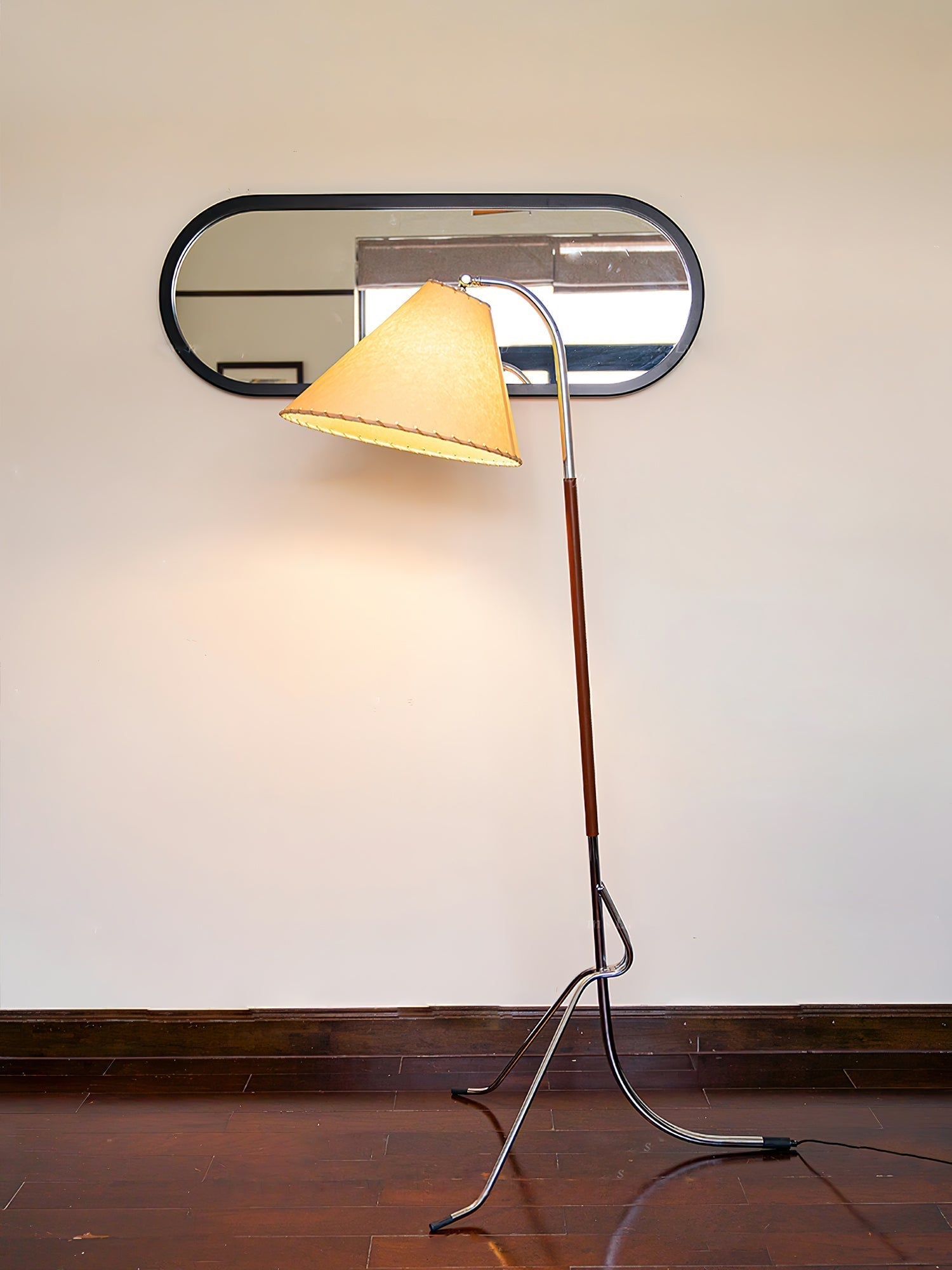 Modern Tripod Arc Floor Lamp with Walnut Wood Base and Fabric Conical Shade for Living Room