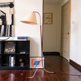 Modern Tripod Arc Floor Lamp with Walnut Wood Base and Fabric Conical Shade for Living Room