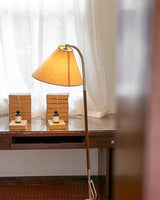 Modern Tripod Arc Floor Lamp with Walnut Wood Base and Fabric Conical Shade for Living Room