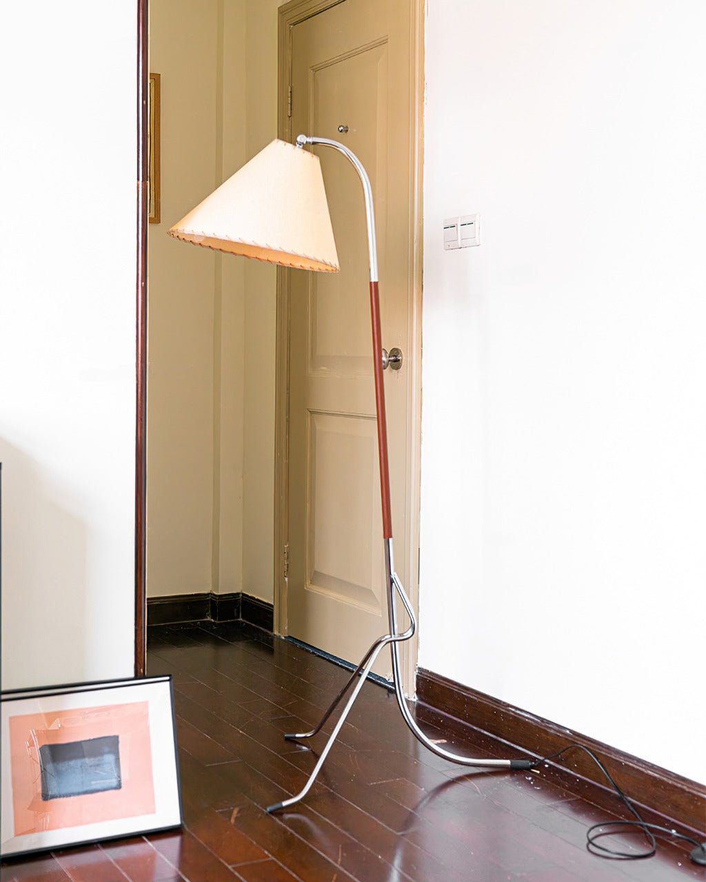 Modern Tripod Arc Floor Lamp with Walnut Wood Base and Fabric Conical Shade for Living Room