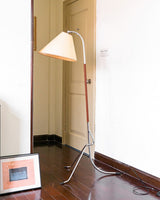 Modern Tripod Arc Floor Lamp with Walnut Wood Base and Fabric Conical Shade for Living Room