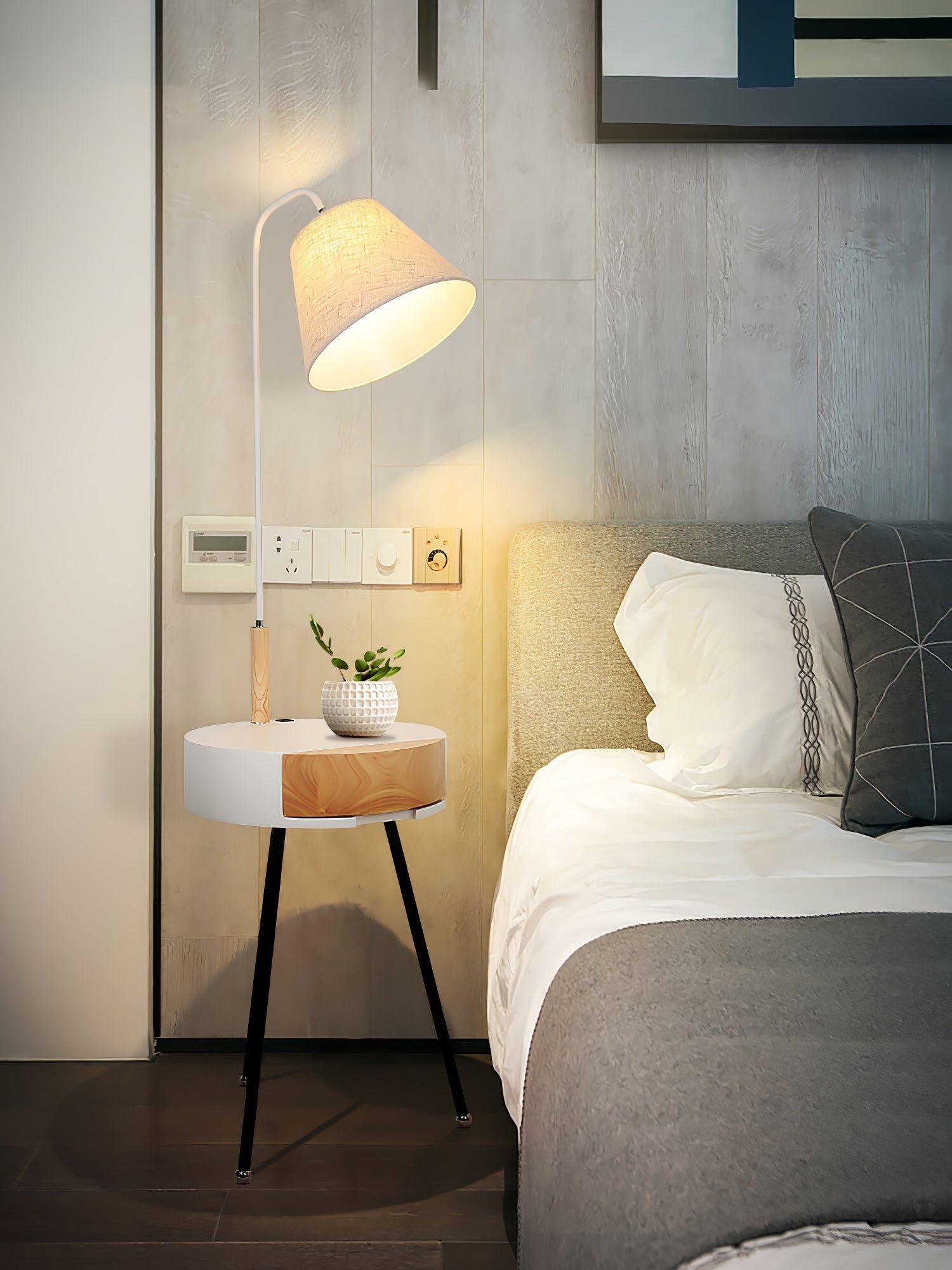 Nordic Wood Tripod Floor Lamp with White Linen Shade for Modern Living Rooms