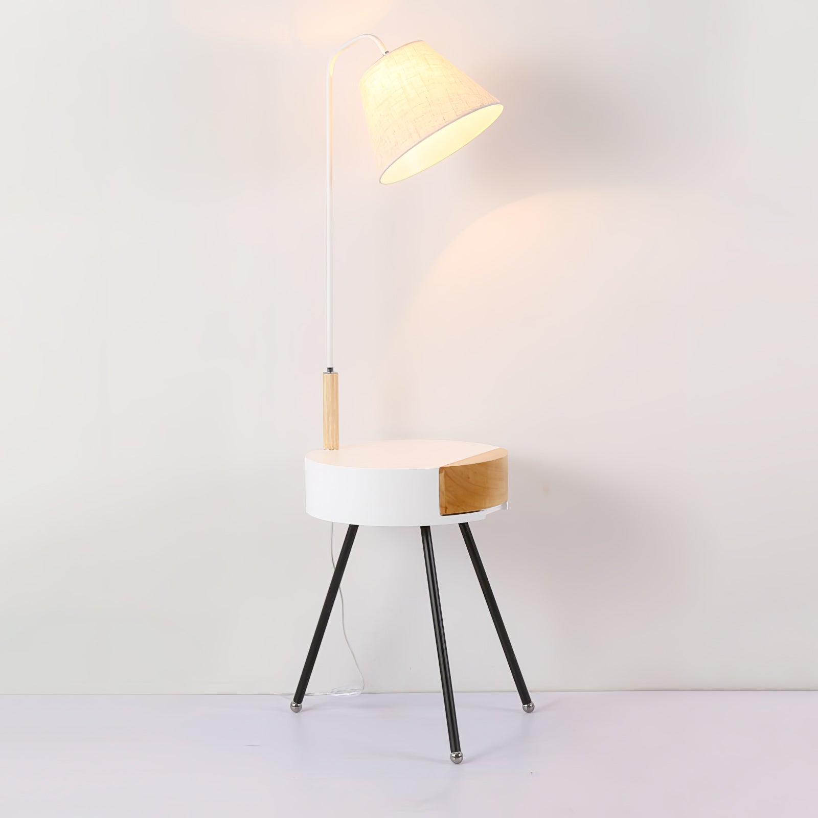 Nordic Wood Tripod Floor Lamp with White Linen Shade for Modern Living Rooms