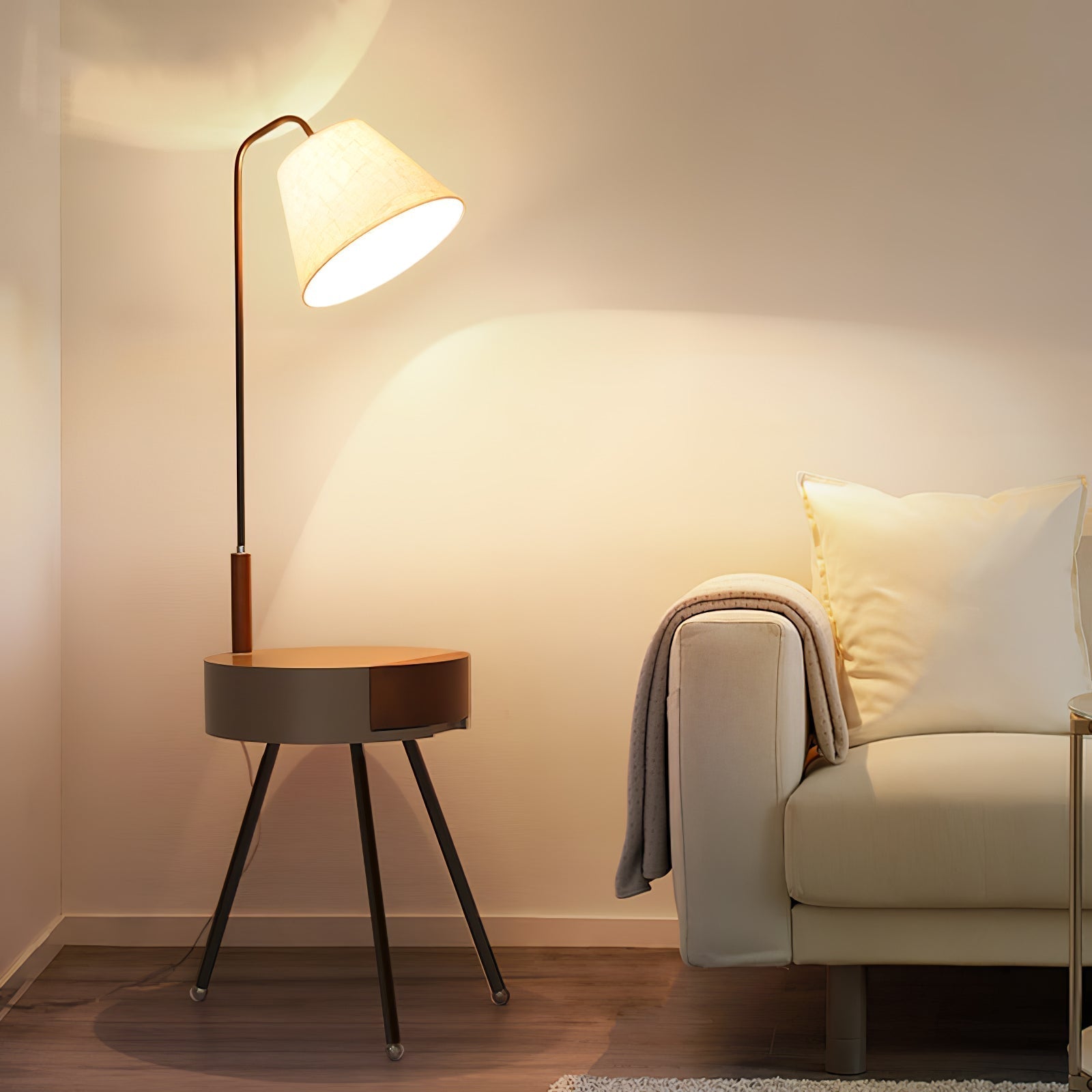 Nordic Wood Tripod Floor Lamp with White Linen Shade for Modern Living Rooms