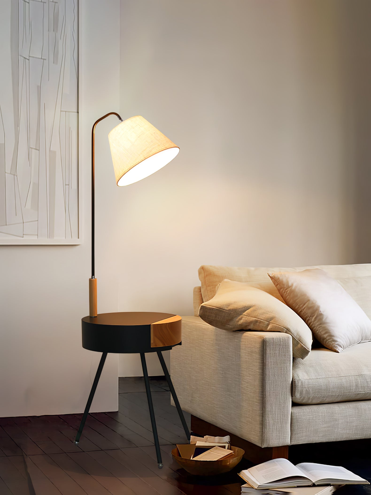 Nordic Wood Tripod Floor Lamp with White Linen Shade for Modern Living Rooms