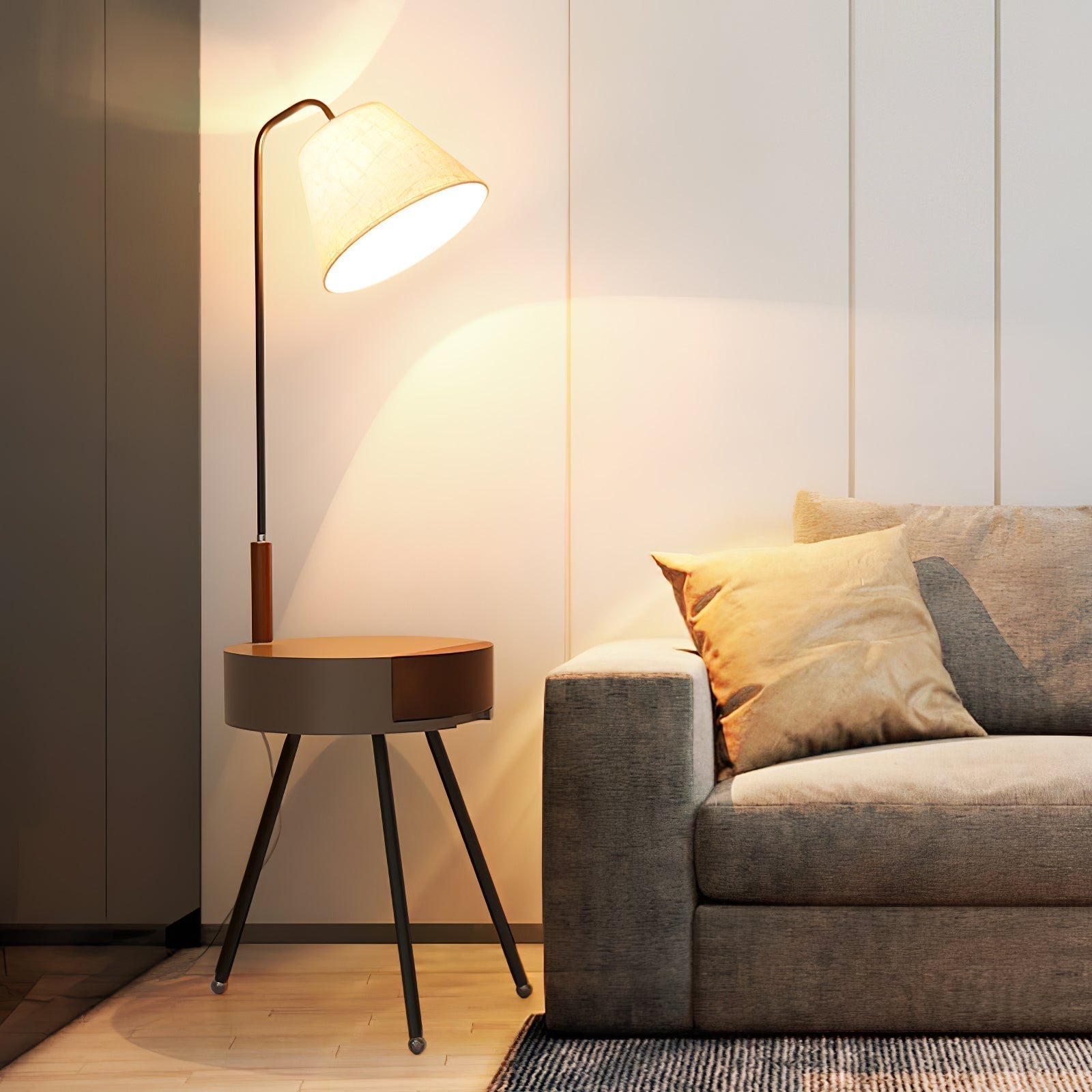 Nordic Wood Tripod Floor Lamp with White Linen Shade for Modern Living Rooms