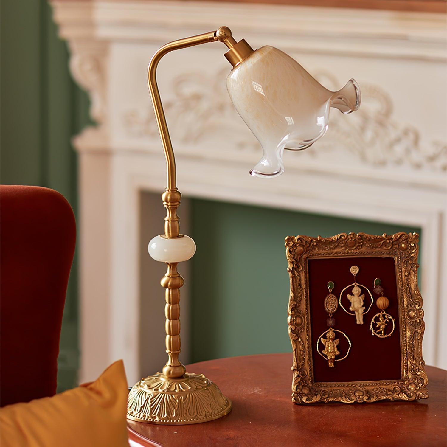 Elegant Tulip Brass Table Lamp with White Glass Shade for Bedside and Office