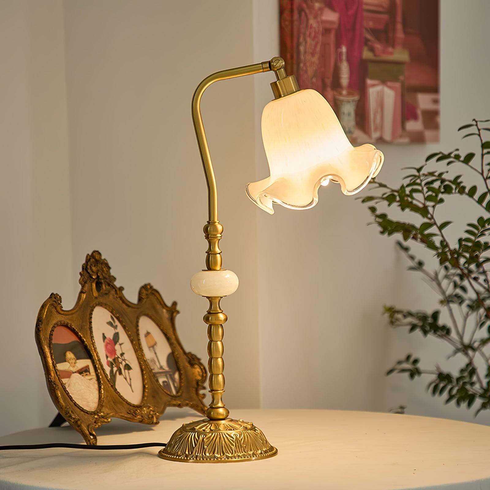 Elegant Tulip Brass Table Lamp with White Glass Shade for Bedside and Office