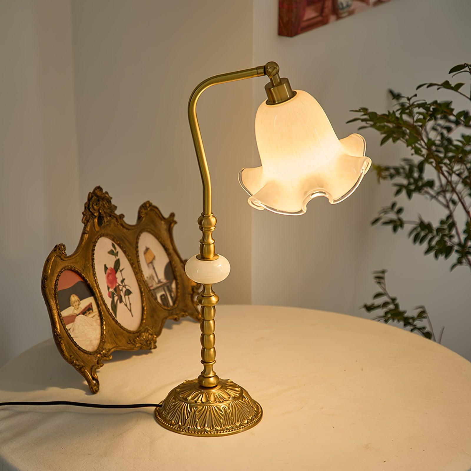 Elegant Tulip Brass Table Lamp with White Glass Shade for Bedside and Office