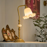 Elegant Tulip Brass Table Lamp with White Glass Shade for Bedside and Office