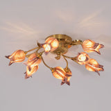 Elegant Purple Tulip Glass Flush Mount Ceiling Light with Gold Metal Finish and Floral Design