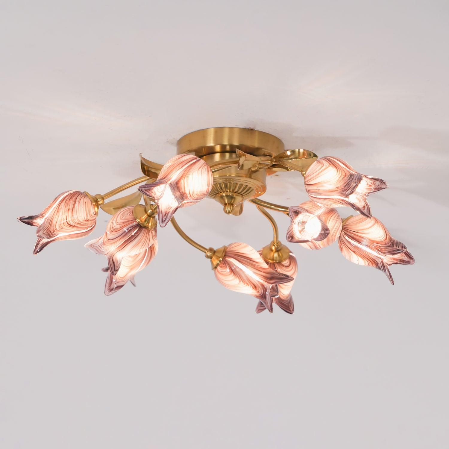 Elegant Purple Tulip Glass Flush Mount Ceiling Light with Gold Metal Finish and Floral Design