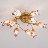 Elegant Purple Tulip Glass Flush Mount Ceiling Light with Gold Metal Finish and Floral Design