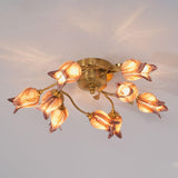 Elegant Purple Tulip Glass Flush Mount Ceiling Light with Gold Metal Finish and Floral Design