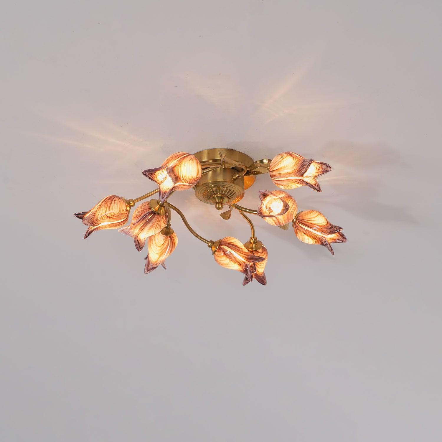 Elegant Purple Tulip Glass Flush Mount Ceiling Light with Gold Metal Finish and Floral Design