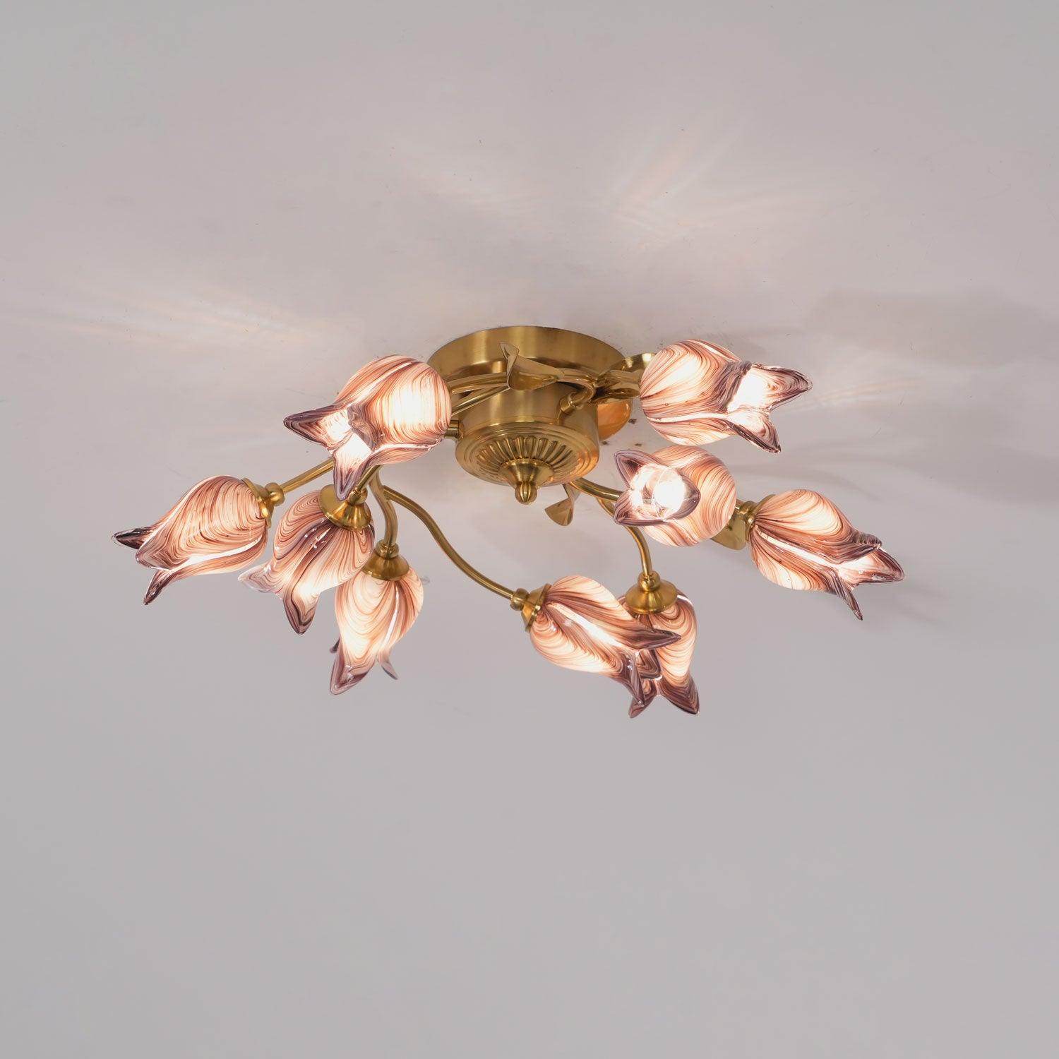 Elegant Purple Tulip Glass Flush Mount Ceiling Light with Gold Metal Finish and Floral Design
