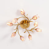 Elegant Purple Tulip Glass Flush Mount Ceiling Light with Gold Metal Finish and Floral Design