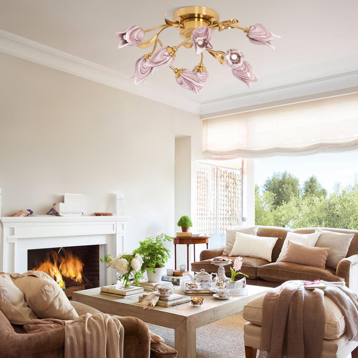 Elegant Purple Tulip Glass Flush Mount Ceiling Light with Gold Metal Finish and Floral Design