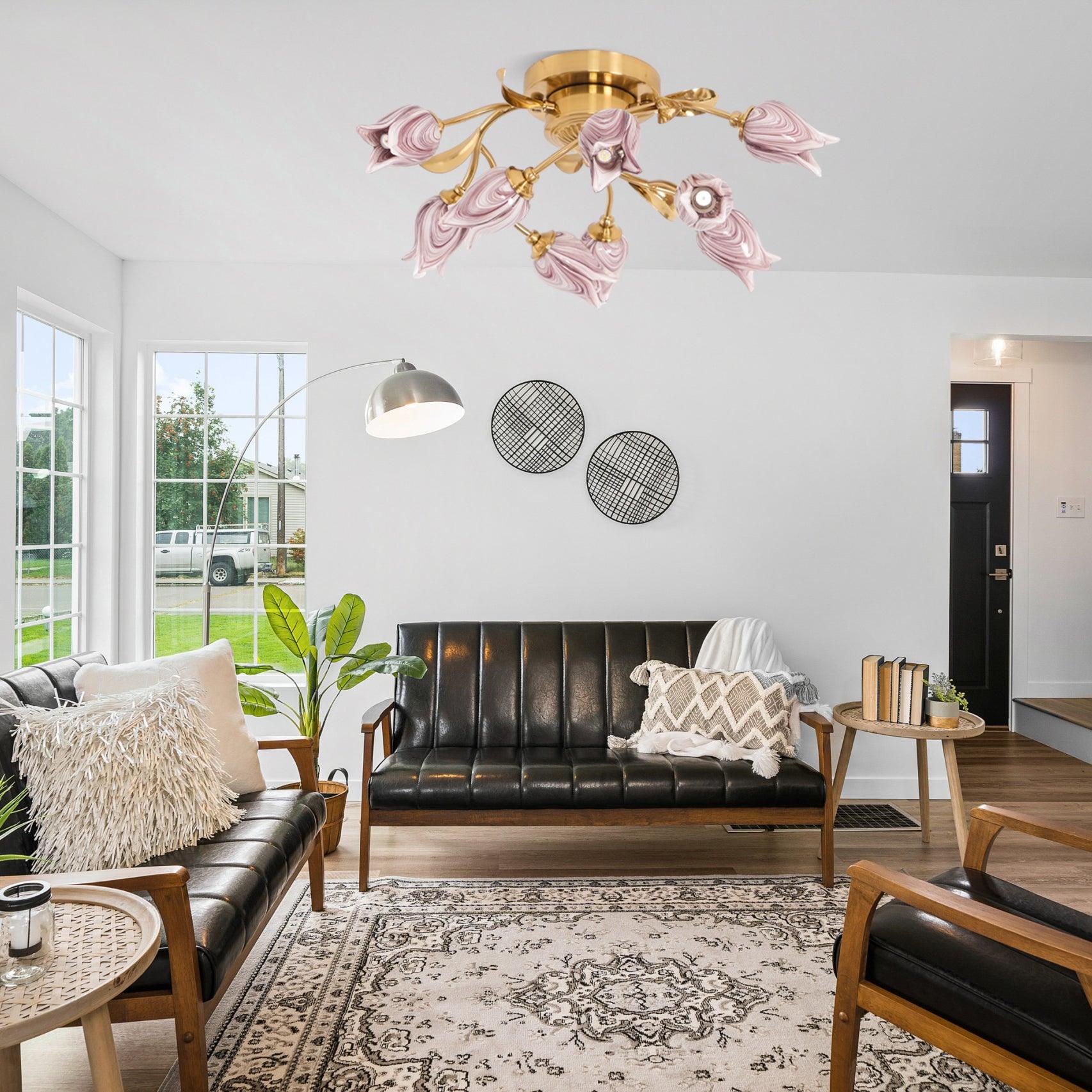 Elegant Purple Tulip Glass Flush Mount Ceiling Light with Gold Metal Finish and Floral Design
