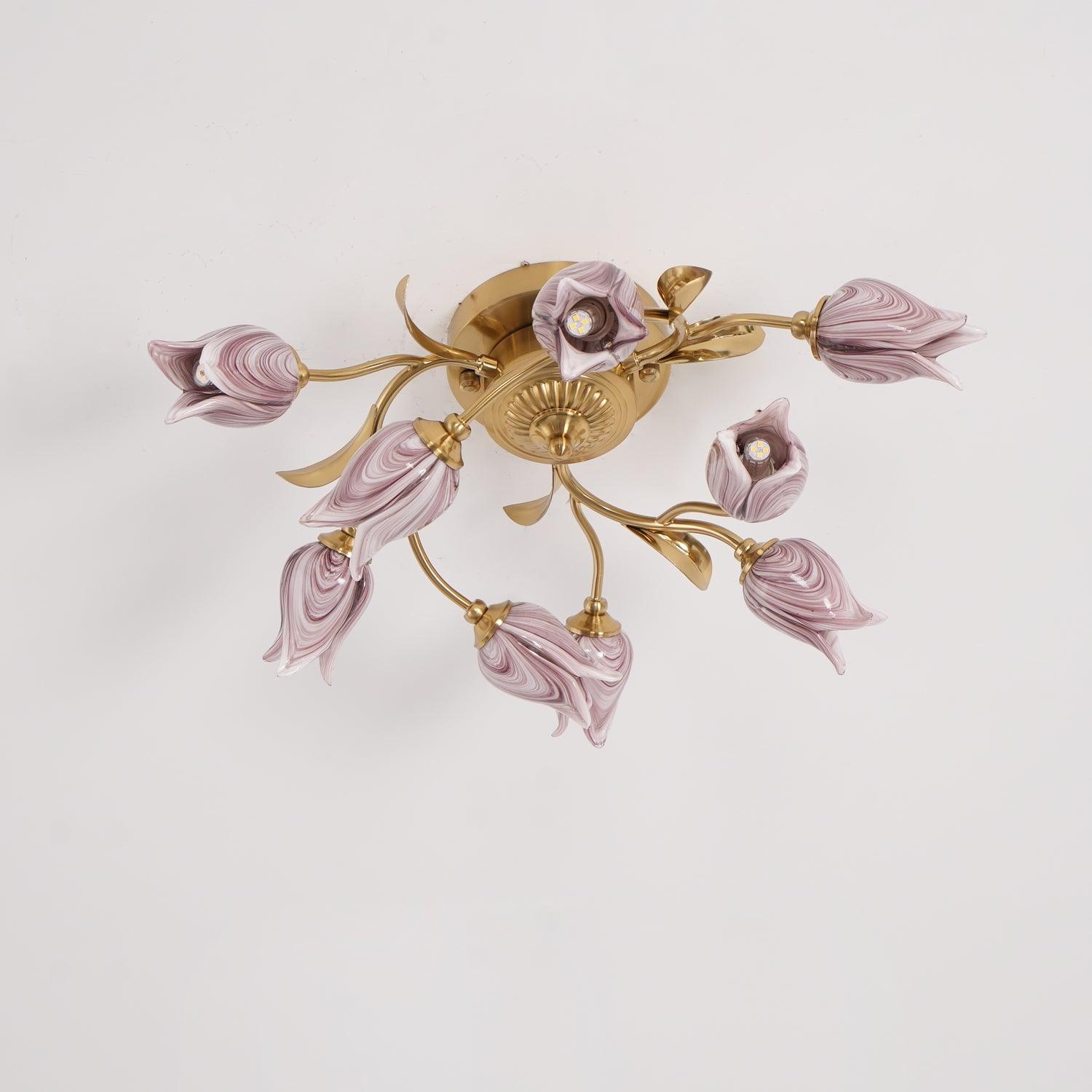 Elegant Purple Tulip Glass Flush Mount Ceiling Light with Gold Metal Finish and Floral Design