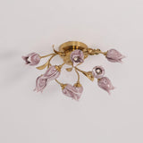 Elegant Purple Tulip Glass Flush Mount Ceiling Light with Gold Metal Finish and Floral Design