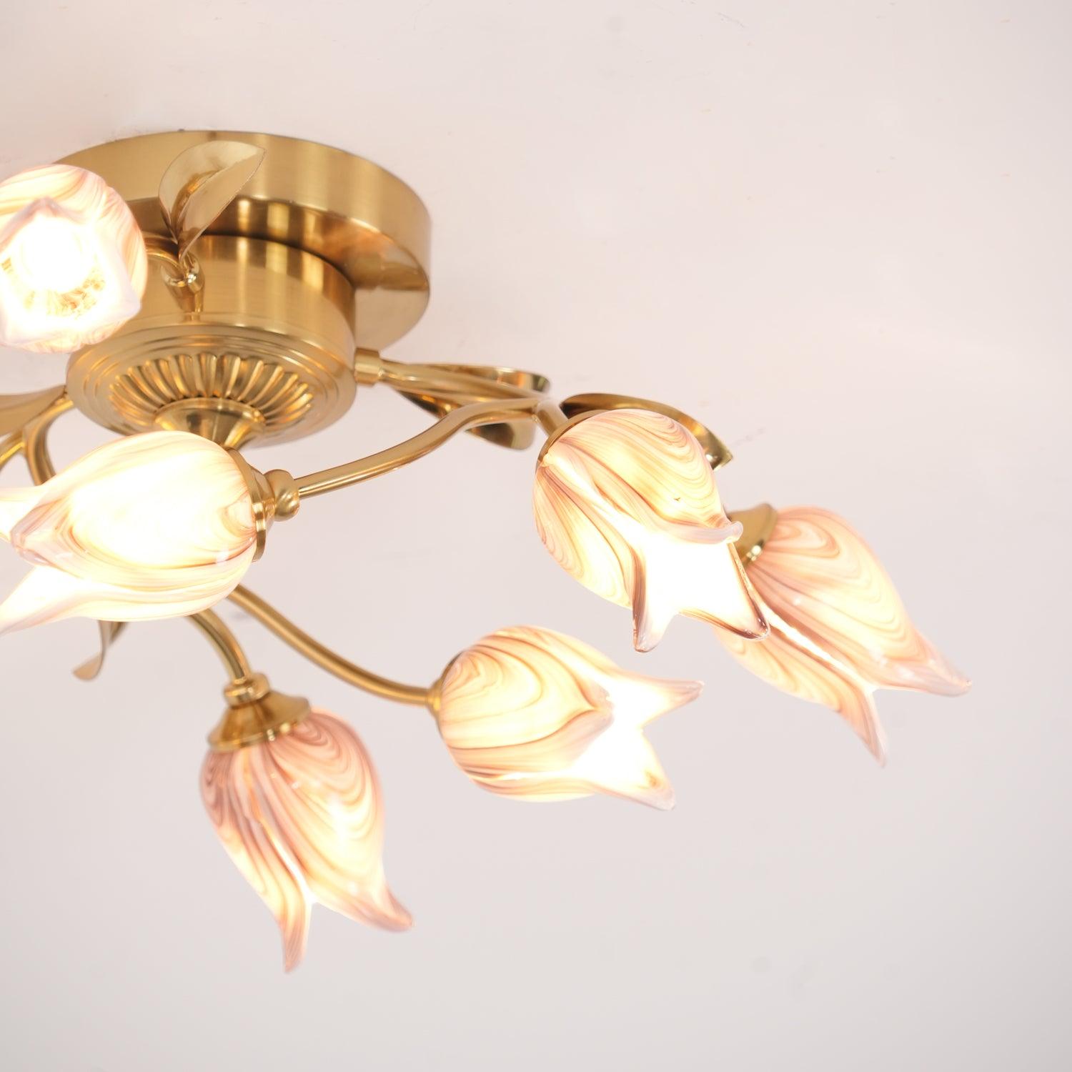 Elegant Purple Tulip Glass Flush Mount Ceiling Light with Gold Metal Finish and Floral Design