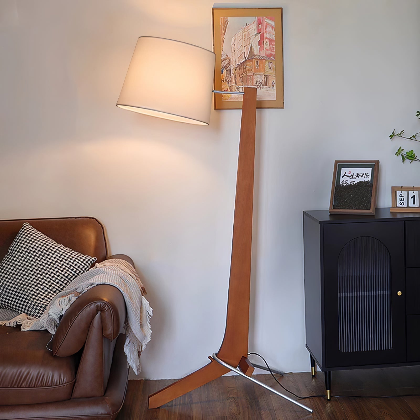 Modern Tusk Arc Floor Lamp Walnut Wood Standing Light with White Fabric Shade for Living Room Reading