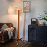 Modern Tusk Arc Floor Lamp Walnut Wood Standing Light with White Fabric Shade for Living Room Reading