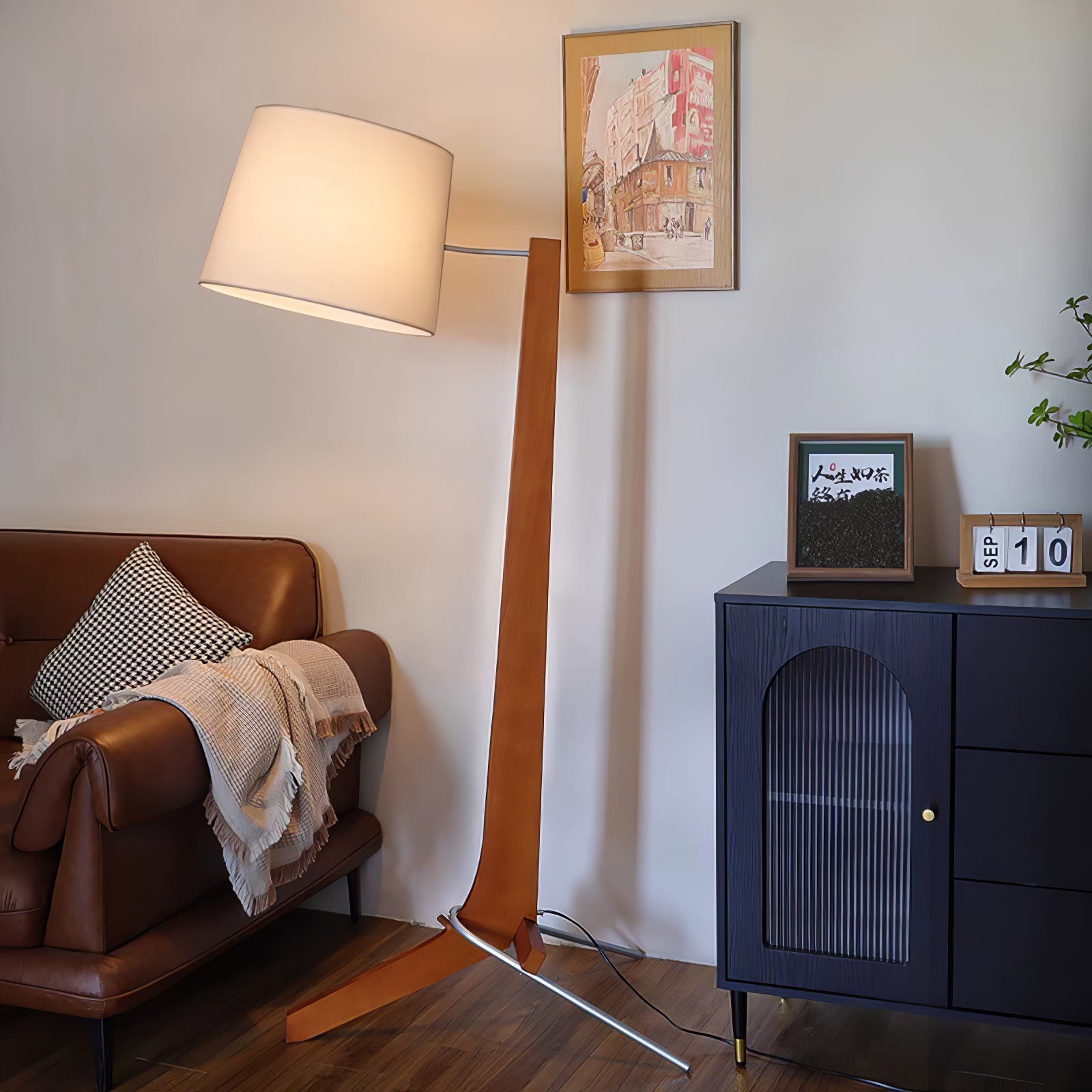 Modern Tusk Arc Floor Lamp Walnut Wood Standing Light with White Fabric Shade for Living Room Reading