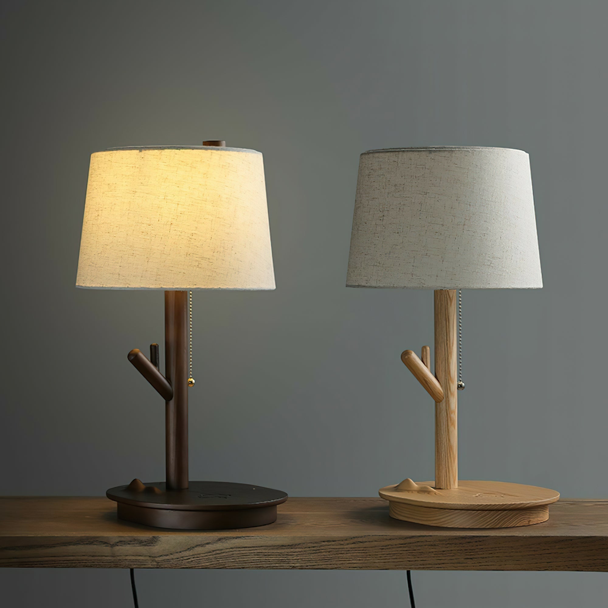 Modern Rustic Branch Table Lamp with Fabric Shade and Wooden Base for Bedside Lighting