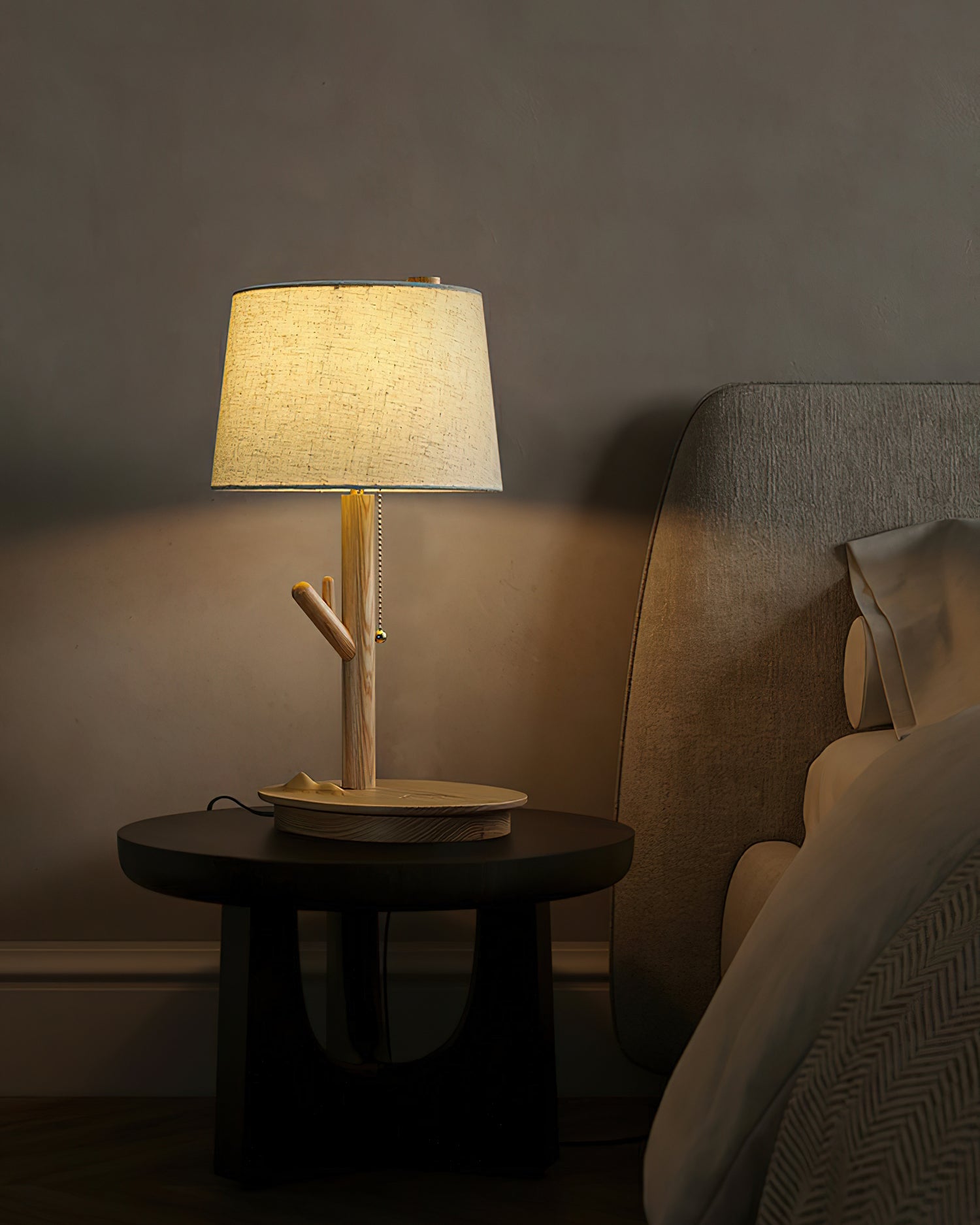 Modern Rustic Branch Table Lamp with Fabric Shade and Wooden Base for Bedside Lighting