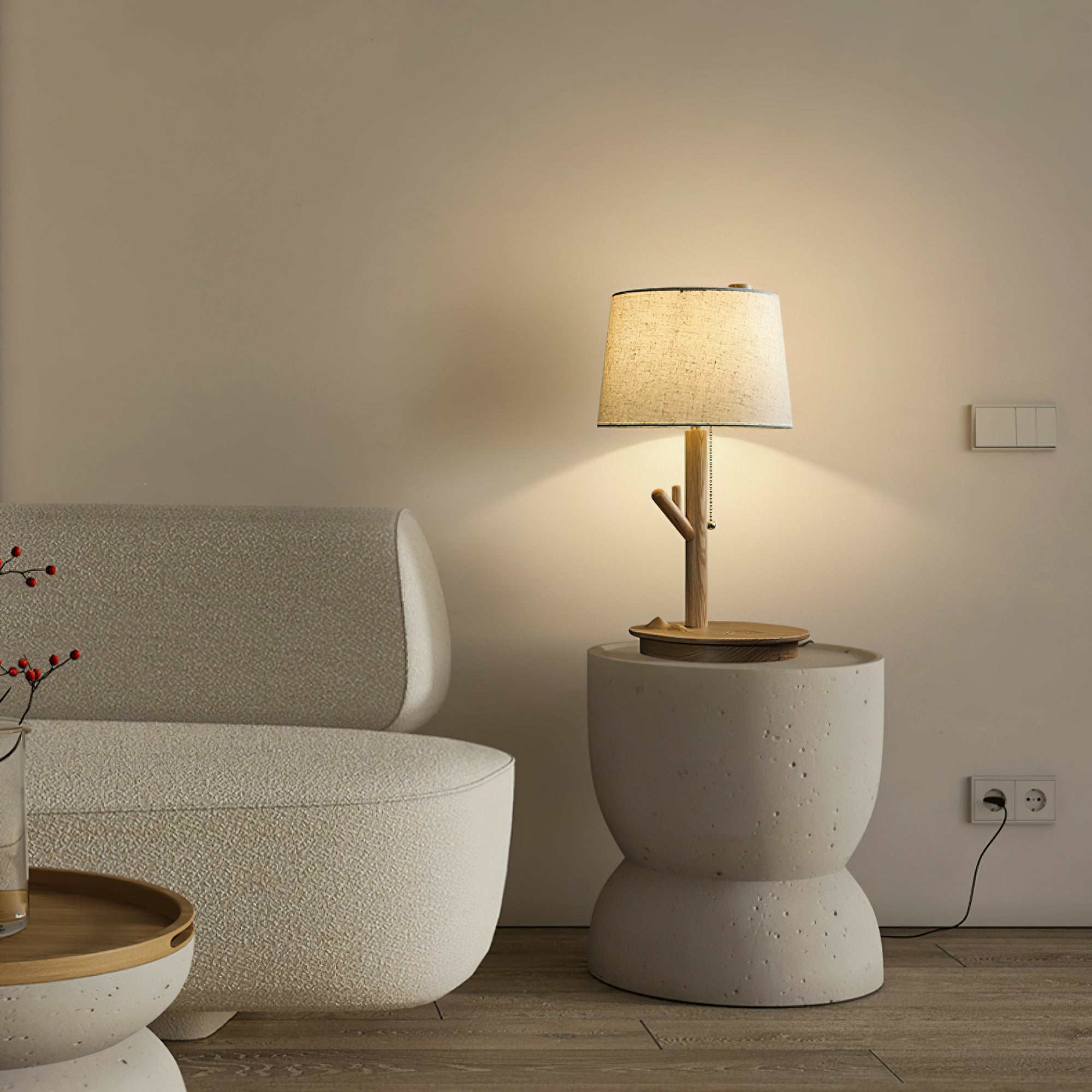 Modern Rustic Branch Table Lamp with Fabric Shade and Wooden Base for Bedside Lighting