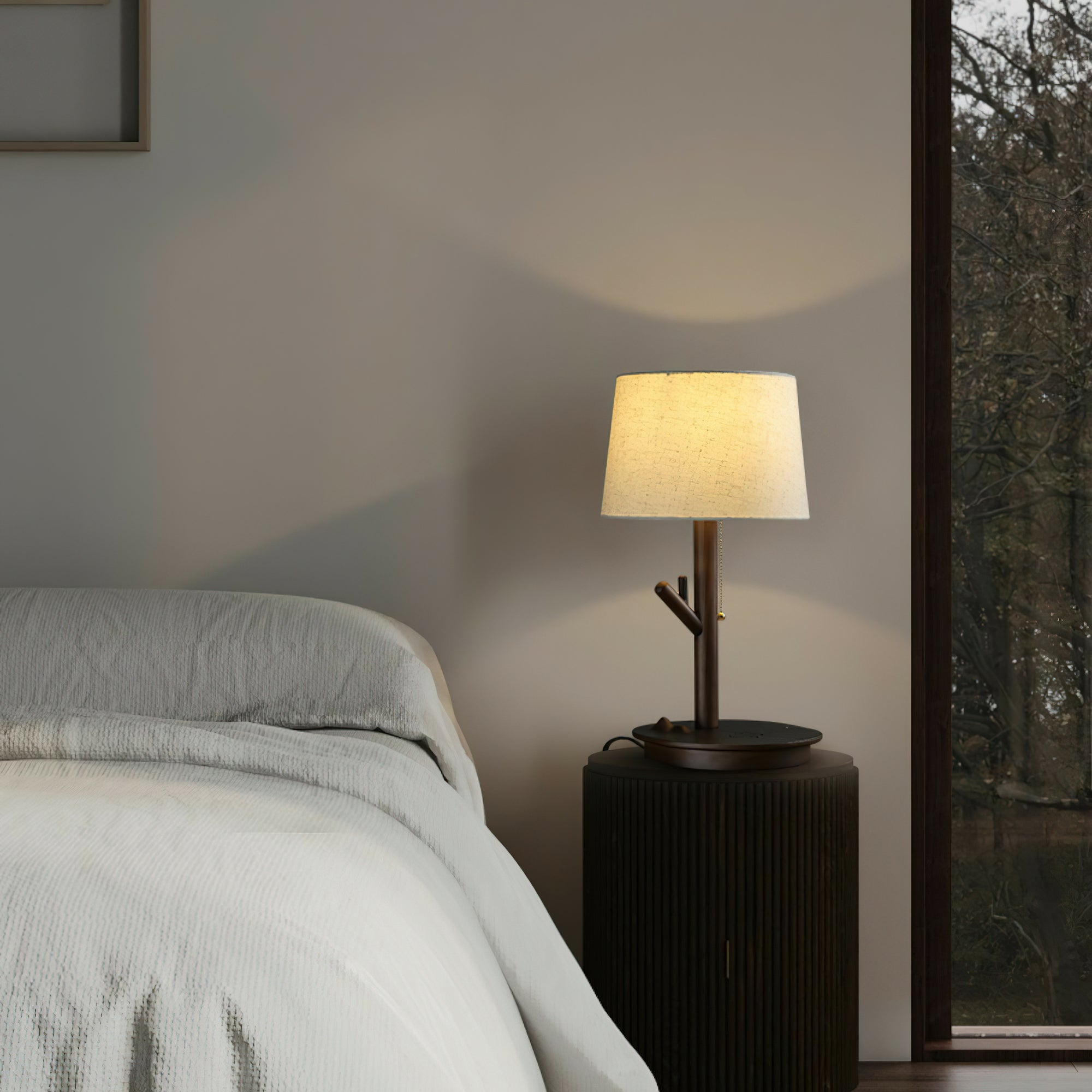 Modern Rustic Branch Table Lamp with Fabric Shade and Wooden Base for Bedside Lighting