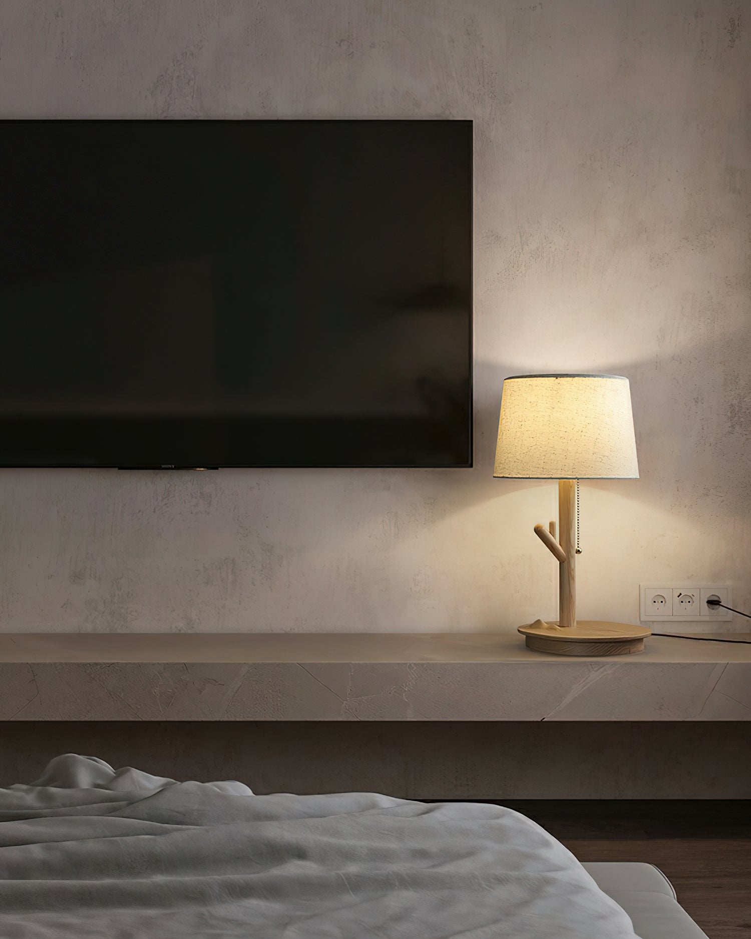 Modern Rustic Branch Table Lamp with Fabric Shade and Wooden Base for Bedside Lighting