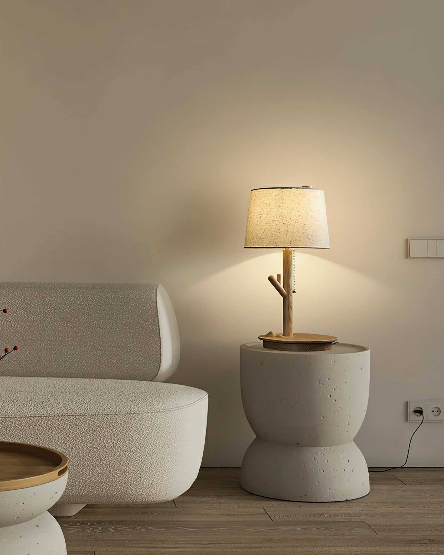 Modern Rustic Branch Table Lamp with Fabric Shade and Wooden Base for Bedside Lighting