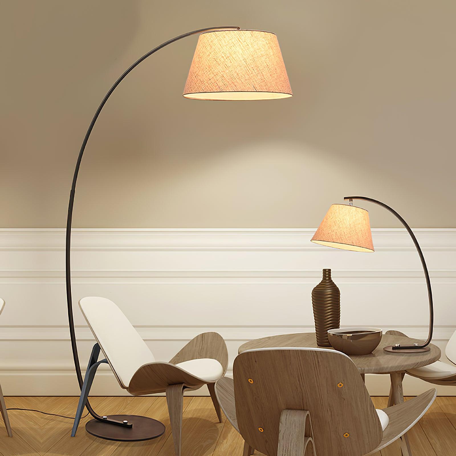 Modern Slim Twiggy Ambient Floor Lamp with Beige Fabric Drum Shade for Interior Lighting