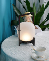 Modern Black Outdoor Portable Lantern Table Lamp with Blown Glass Shade