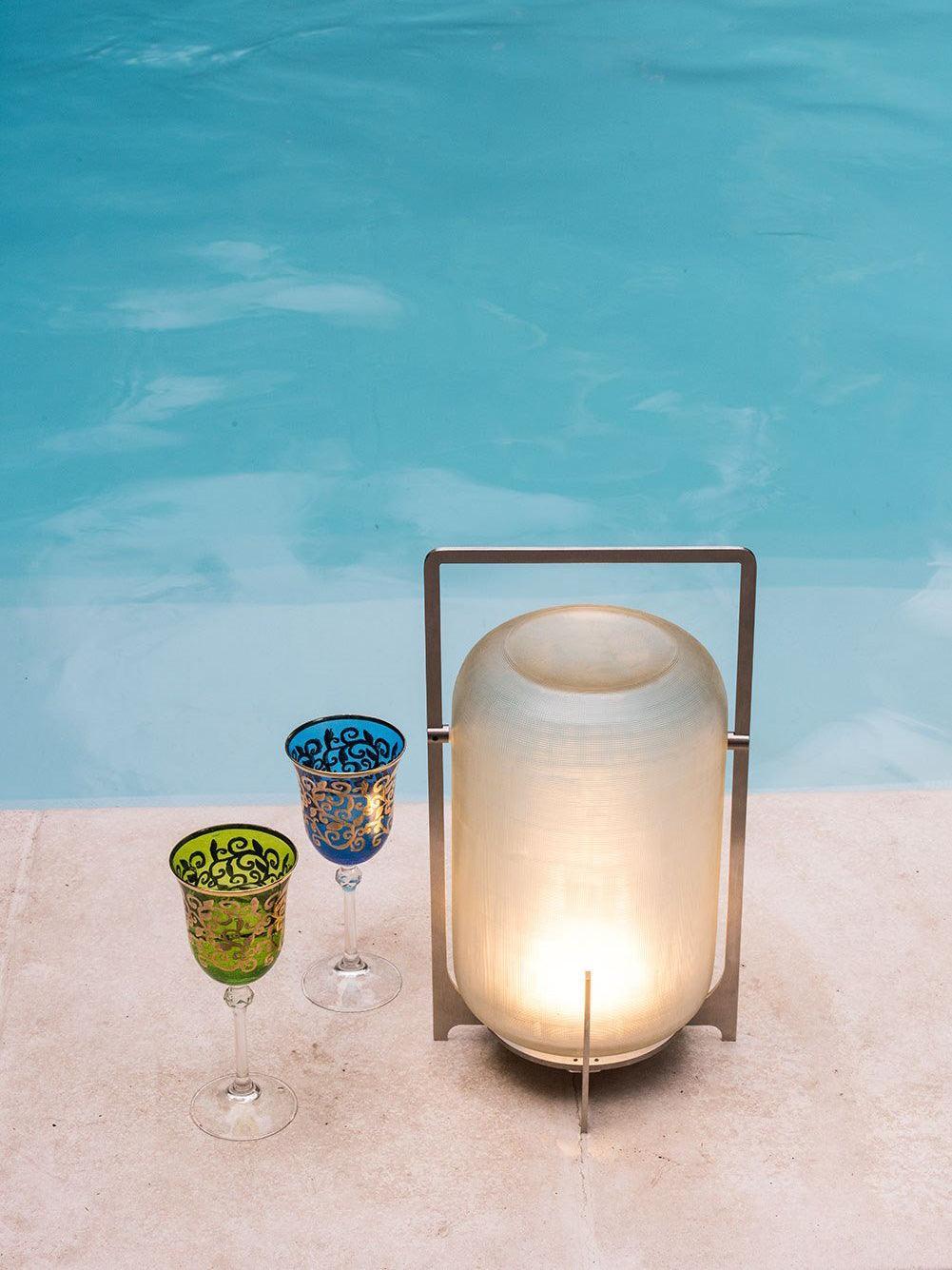 Modern Black Outdoor Portable Lantern Table Lamp with Blown Glass Shade