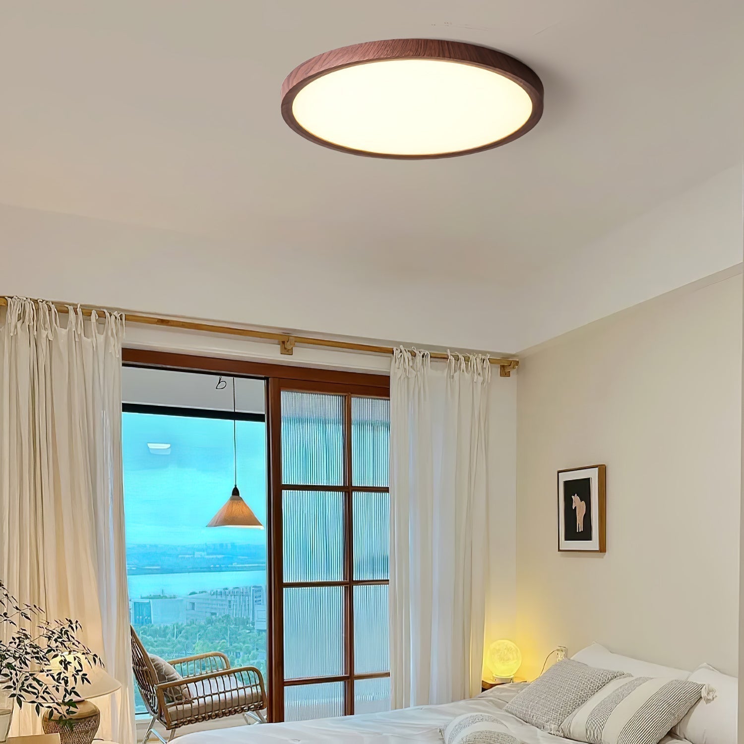 Modern Ultrathin Round Flush Mount LED Ceiling Light with Walnut Wood Grain Finish