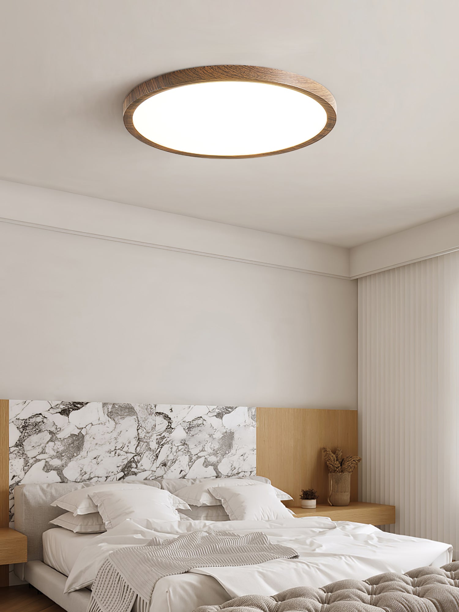 Modern Ultrathin Round Flush Mount LED Ceiling Light with Walnut Wood Grain Finish