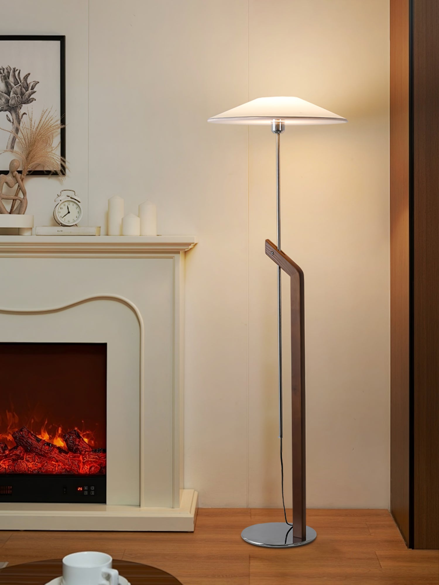 Modern Umbrella Style Wood Floor Lamp with Adjustable Height and Fabric Shade