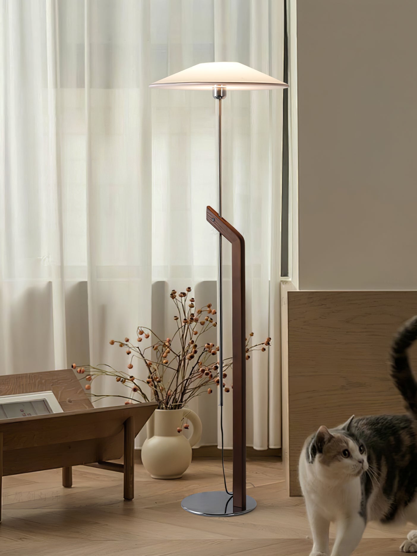 Modern Umbrella Style Wood Floor Lamp with Adjustable Height and Fabric Shade
