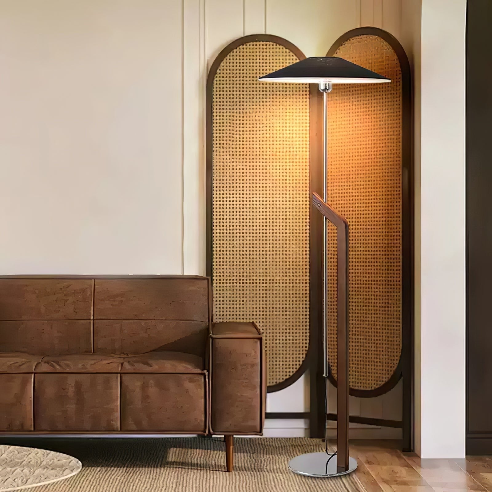 Modern Umbrella Style Wood Floor Lamp with Adjustable Height and Fabric Shade
