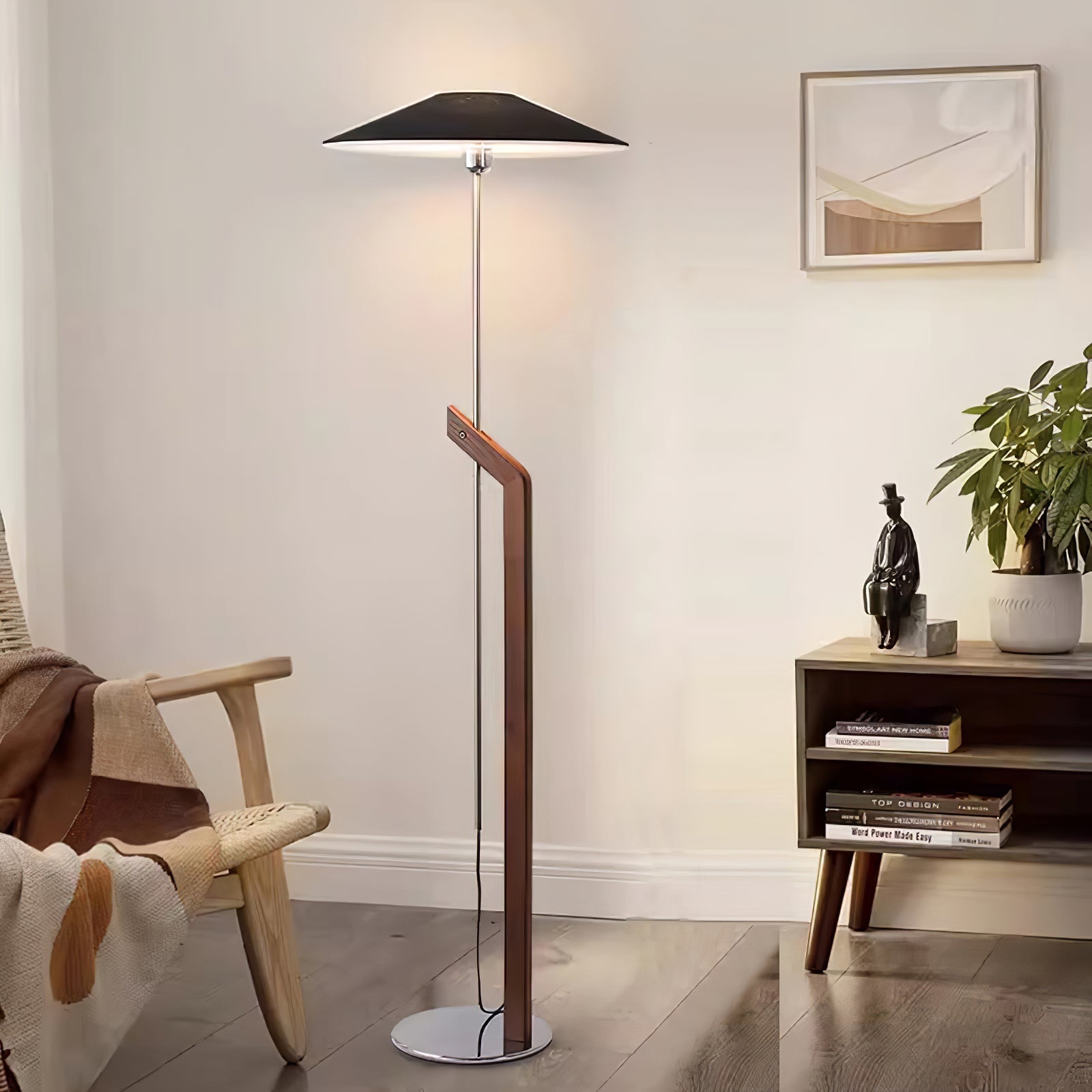 Modern Umbrella Style Wood Floor Lamp with Adjustable Height and Fabric Shade