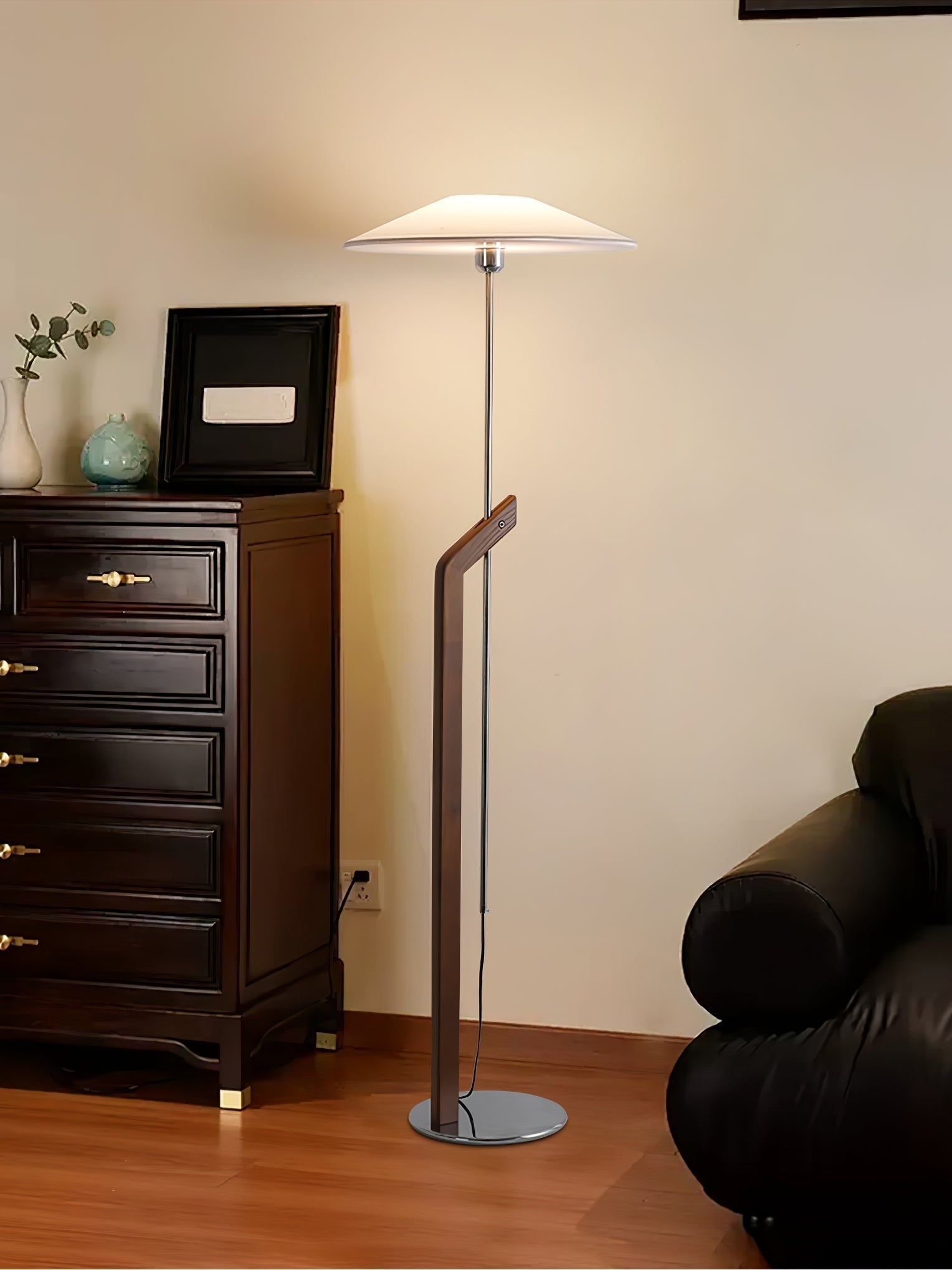 Modern Umbrella Style Wood Floor Lamp with Adjustable Height and Fabric Shade