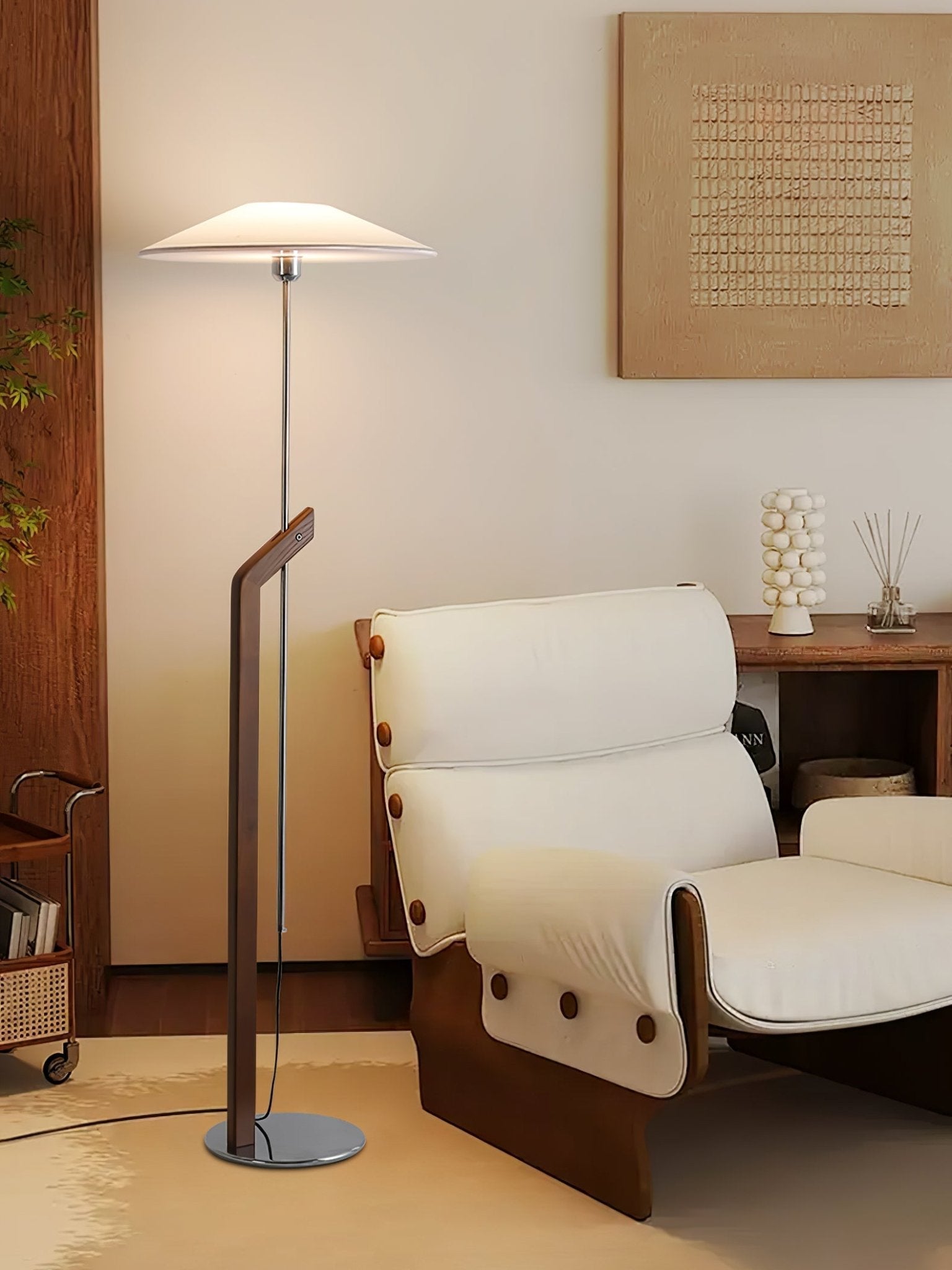Modern Umbrella Style Wood Floor Lamp with Adjustable Height and Fabric Shade
