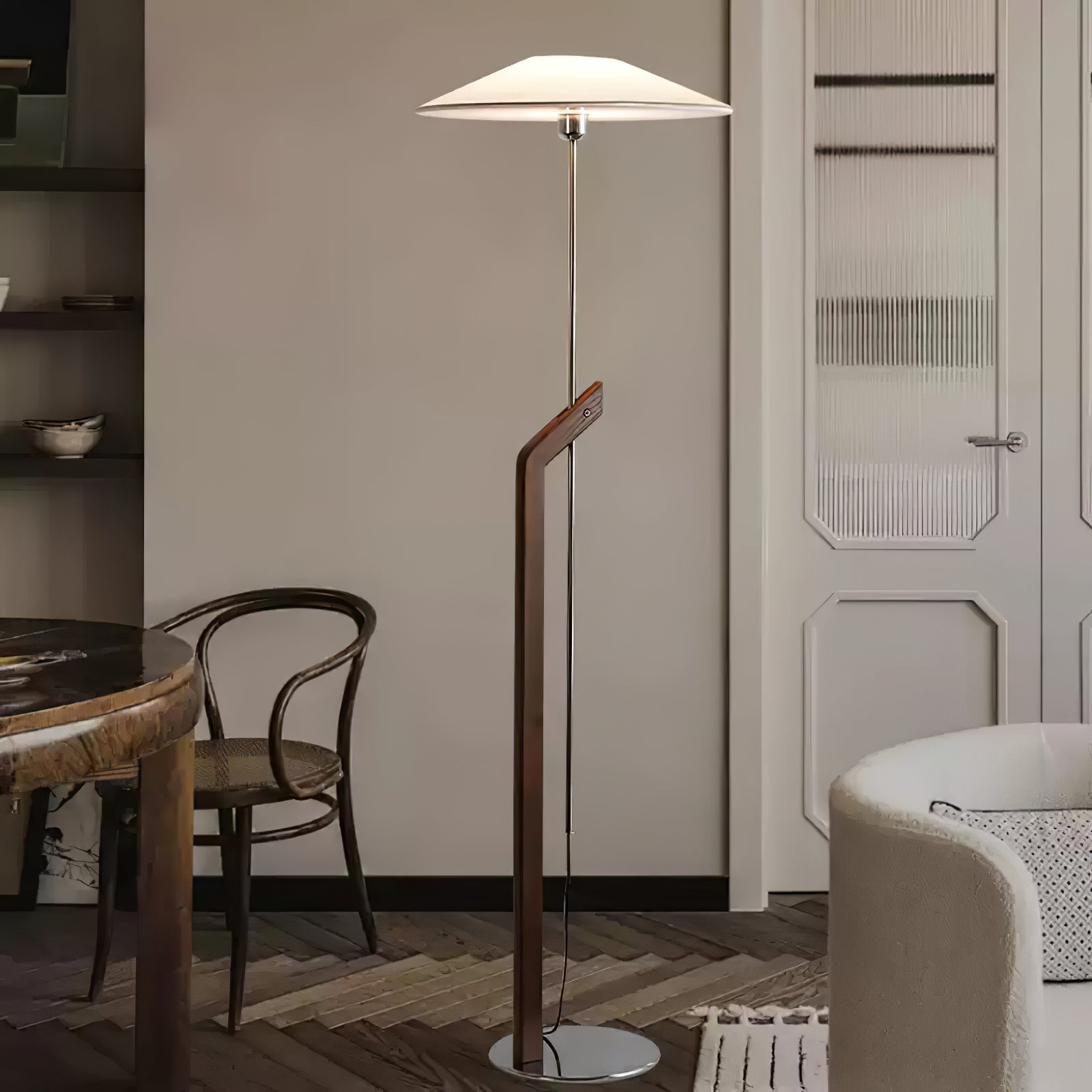 Modern Umbrella Style Wood Floor Lamp with Adjustable Height and Fabric Shade