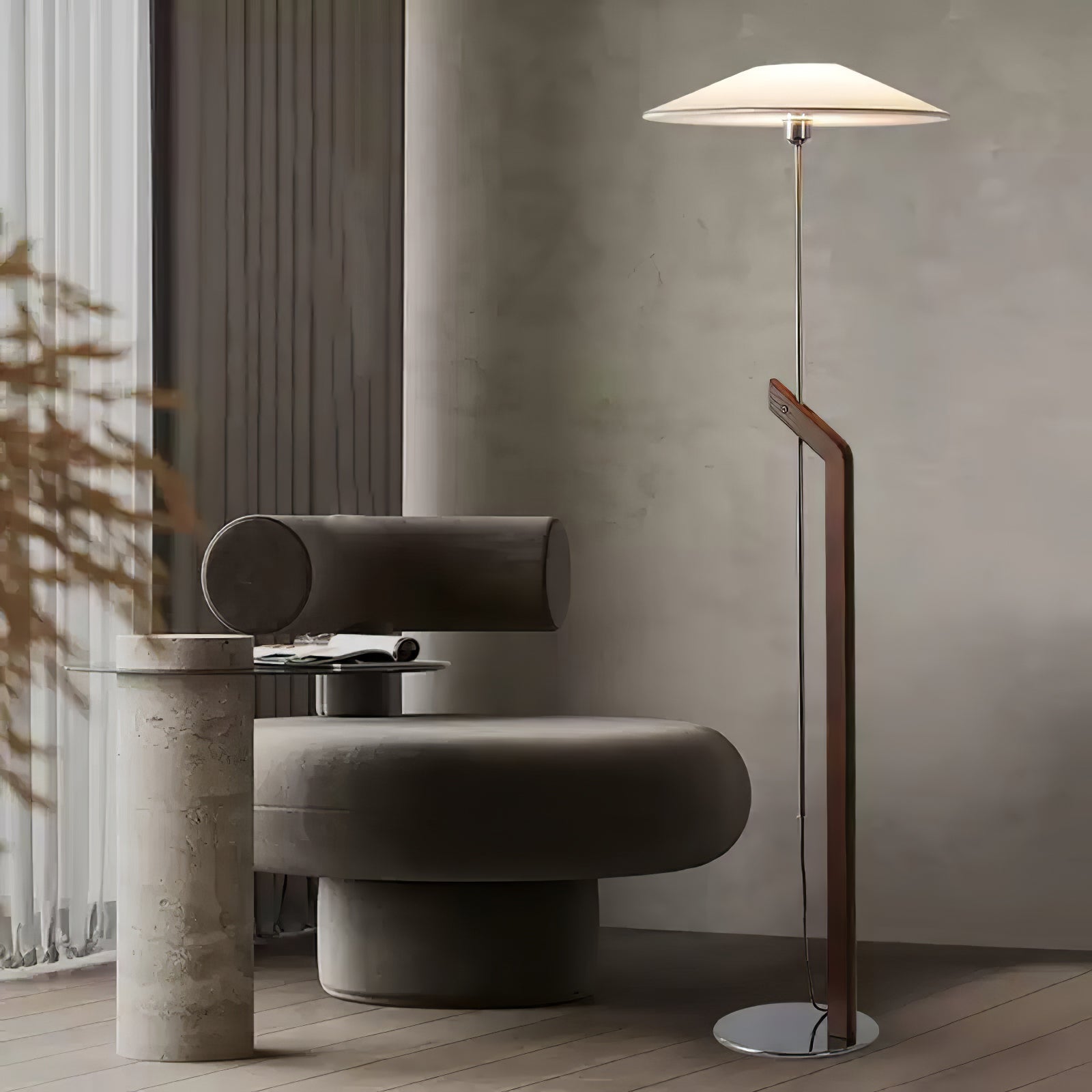 Modern Umbrella Style Wood Floor Lamp with Adjustable Height and Fabric Shade